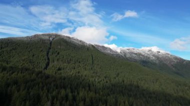 Ağaçlar ve Karla Manzaralı Dağ Tepesi. Havadan Dağ Sahnesi. Dramatik Bulutlu Gökyüzü. Britanya Kolombiyası Kanada.