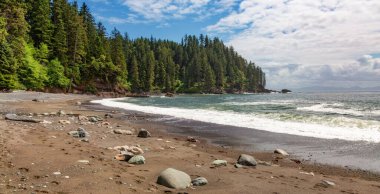 Pasifik Okyanusu 'nun batı kıyısındaki Sandy Plajı. Juan de Fuca Yolu, Vancouver Adası, BC, Kanada.