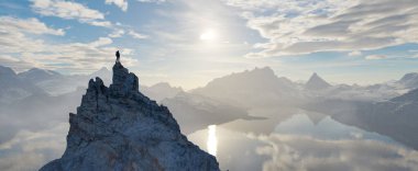 Rocky Mountain Peak 'in tepesindeki Maceracı Adam. Doğa manzarası dramatik gün batımı. 3d Hazırlama.
