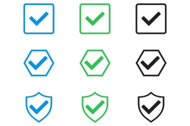 Doğrulanmış onay kartlarının birden fazla rengi olan vektör simgesi. Sosyal medya, uygulamalar ve UI / UX tasarımları için harika.