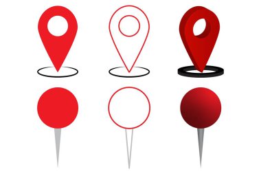 A collection of colorful map pin icons in flat and 3D styles.