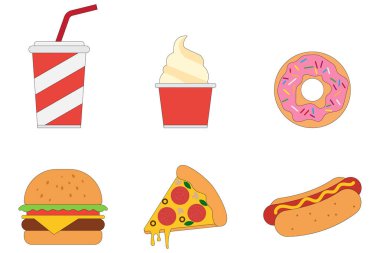 Fast Food and Sweet Treats Vector Burger, Pizza, Hotdog, Donut, Ice Cream, Soda