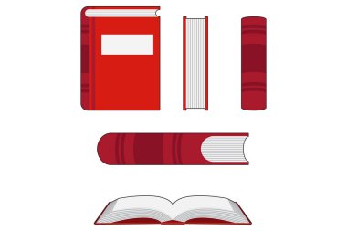 Flat style vector illustration of a red book from multiple angles front, side, spine, top, and open.