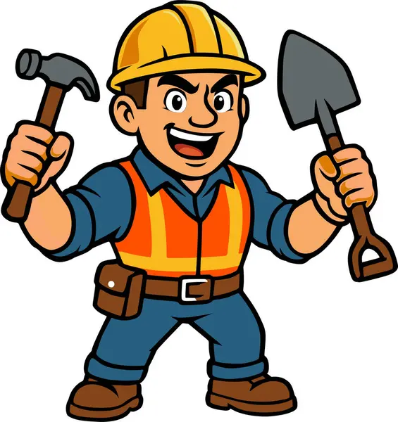 Çekiç ve kürek tutan bir inşaat işçisinin vektörü