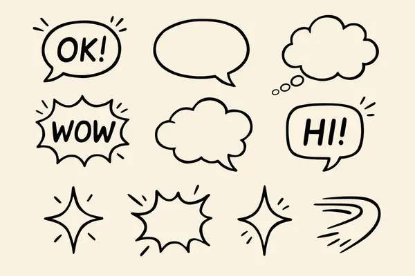 Komik şirin konuşma balonu çizgi film ögesi simgesi seti.