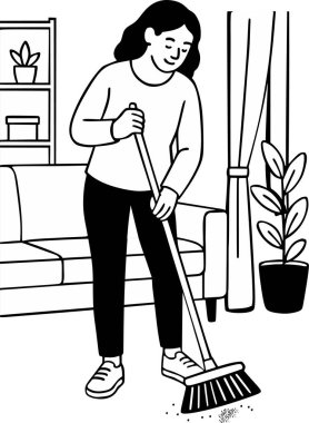 Yerleri temizleyen ya da süpüren bir kadının vektörü
