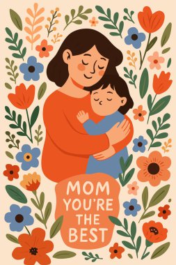 Anneler Günü. Anne, bebek, çiçekler, kalpler, kalıplar ve metnin vektör suluboya çizimi. Kartpostal, poster veya arkaplan resmi