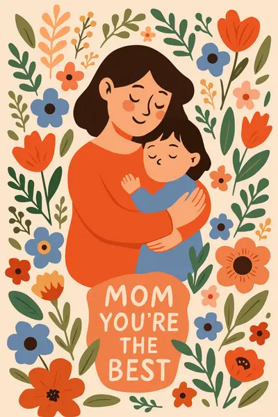 Anneler Günü. Anne, bebek, çiçekler, kalpler, kalıplar ve metnin vektör suluboya çizimi. Kartpostal, poster veya arkaplan resmi