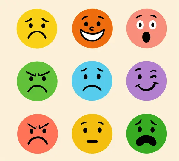 Çeşitli duyguları olan yüzler içeren soyut çizgi roman vektörü. Boya kalemi çizimi. Çeşitli renkli karakterler. Çizgi film tarzı. Düz tasarım.