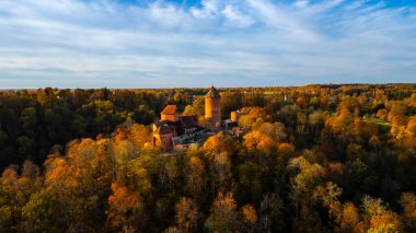 Gauja Ulusal Parkı 'nın Sonbahar Manzarası Sigulda, Letonya' daki Renkli Orman 'da Dönen Nehir Manzarası Nefes Kesen Doğa, Huzurlu Vahşi Doğa ile Altın Saat Manzarası