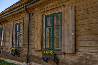 Yeşil Pencereli Eski Ahşap Köy Evi. Güneşli bir bahar gününde yeşil pencere çerçeveleri, kepenkleri ve çiçek kutuları olan kırsal bir köyde eskimiş ahşap bir ev..