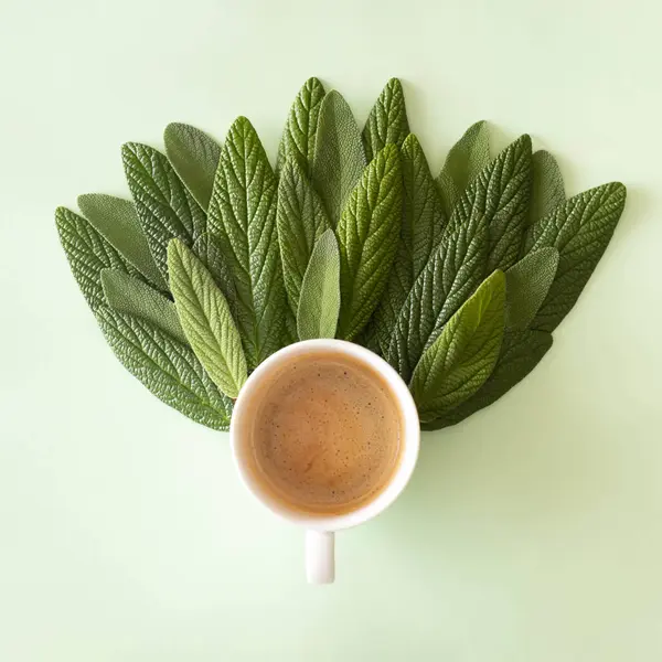 Yeşil yapraklar ve bir fincan kahve ya da çay için yaratıcı minimum düzenleme. Doğa konsepti.