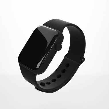 Pürüzsüz bir ekran ve koyu bir kayışla zarif bir şekilde beyaz bir arkaplanda sunulan parlak siyah bir akıllı kaset modern tasarım, teknoloji ve minimalist estetiği çağrıştırıyor..