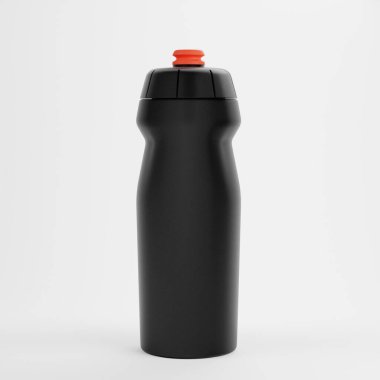Kırmızı başlıklı, parlak siyah yalıtılmış bir su şişesi. Spor, spor, spor ve seyahat için ideal. Minimalist tasarım, çeşitli faaliyetler için uygun pratik ve modern cazibesini vurgular.