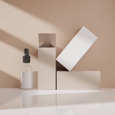 Kozmetik şişesi ve eşleşen kutular, vitrin minimalist tasarım ve doğal tonlar, cilt damgalamak için mükemmel..
