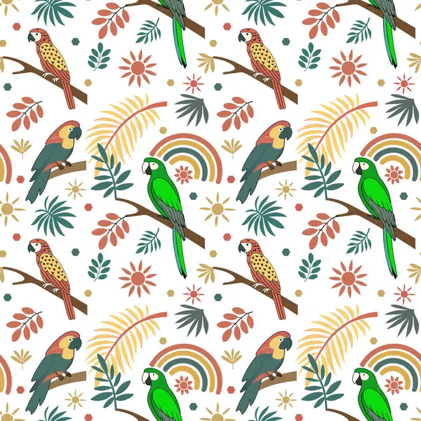 Yazın bohem papağanlarla kusursuz suluboya desenleri. Şekillendirilmiş papağanlar ve tropikal elementlerden oluşan kusursuz bir desen. Yeşil papağanlar.
