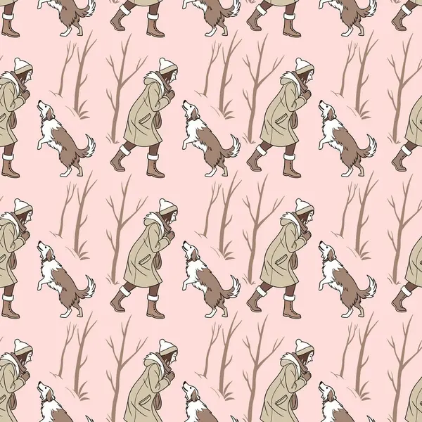 Kışlık paltolu ve şapkalı bir insanın köpekle yürüdüğü kusursuz bir desen. Kişi, arka ayakları üzerinde olan köpekle etkileşime girer.