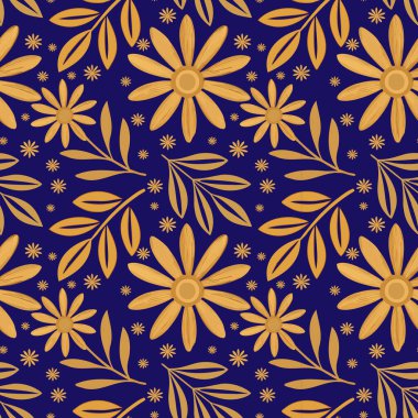 Kır çiçekleri ve lacivert yapraklı kusursuz Altın Çiçek deseni