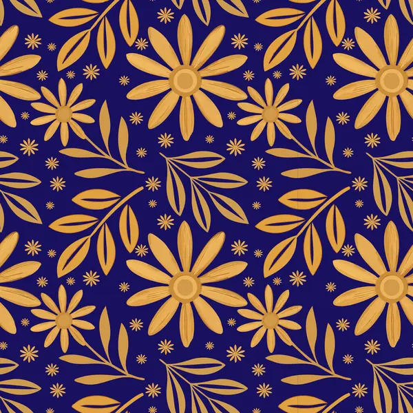 Kır çiçekleri ve lacivert yapraklı kusursuz Altın Çiçek deseni