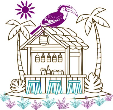 Tiki bar, sahildeki ev ve evin vektör çizimi. Kart, parmak izi, düğün davetiyesi koleksiyonu.