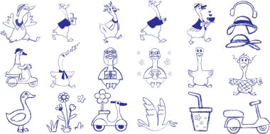 Şirin Kaz Çatalı Sanat Elementleri, Doodle Tarzı, Tebeşir Fırçası Kullanımı. Kahve içmek, bir fincan kahve tutmak, şarkı söylemek, dans etmek. Çıkartmalar, Süblimleşme, Albüm, Çocuk Dekorasyonları İçin.