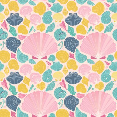 Deniz kabukları, spiraller ve pastel ve okyanus tonlarında incilerle dolu büyüleyici bir karalama tarzı. Koleksiyon defteri, hediye paketi ve kumaş tasarımı için harika.