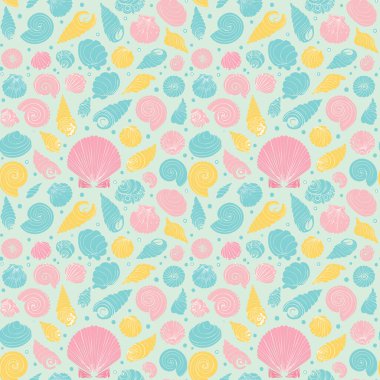 Deniz kabukları, spiraller ve pastel ve okyanus tonlarında incilerle dolu büyüleyici bir karalama tarzı. Koleksiyon defteri, hediye paketi ve kumaş tasarımı için harika.