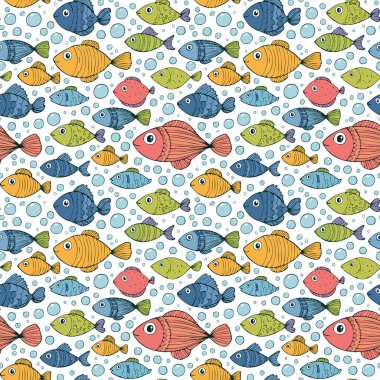 Baloncuklu yollarda neşeyle yüzen balıklar bu pürüzsüz karalama deseni çocuk odasına, kumaşlara ve yaz temalarına eğlenceli bir dokunuş ekler..