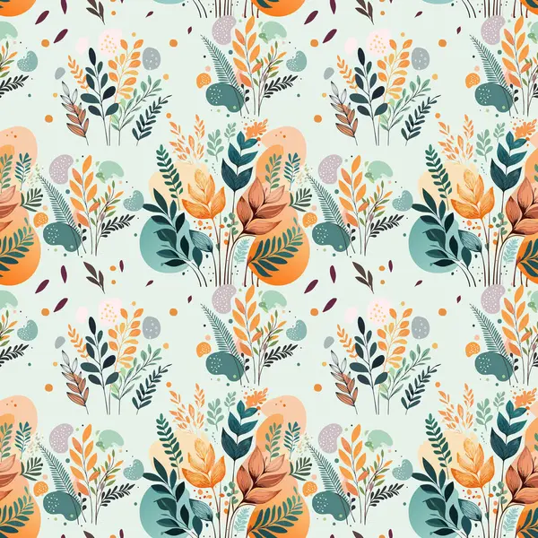 Kusursuz desen, yabani otların soyut bir düzenini ve turuncu, yeşil ve kahverengi toprak tonlarında yaprakları içerir. Daire ve noktalar gibi mürekkep şekilleri botanik elementler arasında karışarak katmanlı bir etki yaratır. Tasarımın... 