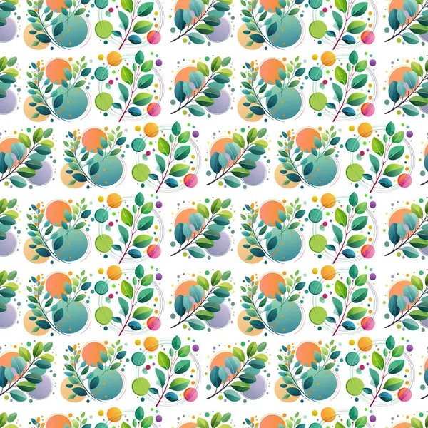 Geometrik düzenler ve doğal yaprak formları kullanılarak orta-yüzyıl modern becerisine sahip yapılandırılmış bir botanik desen.