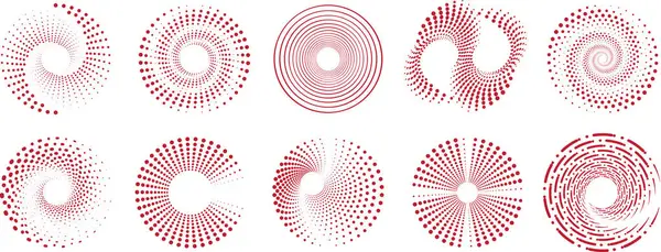 Spiral Yarım Tonlama Dot Circle Designs, soyut Geometrik Güneş patlaması ve Radyal Desenler Koleksiyonu. Kapak, poster, bayrak, etiket, kumaş, duvar kağıdı, ambalaj için modaya uygun vektör grafikleri. 