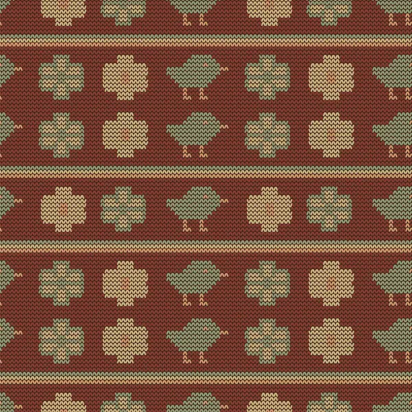 Kuş ve çiçekli kusursuz örgü kumaş deseni. Dünya tonlarında Halk Barok Tarzı.