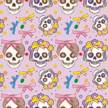 Kusursuz desen, renkli çiçek ve fiyonklarla süslenmiş biçimlendirilmiş kafatası çizimleri içeriyor. Kafataslarında yıldız şekilli gözler ve kalp motifleri gibi pembe, sarı ve mavi renkli canlı kurdelelerle çevrili dekoratif elementler var. Ek elementler