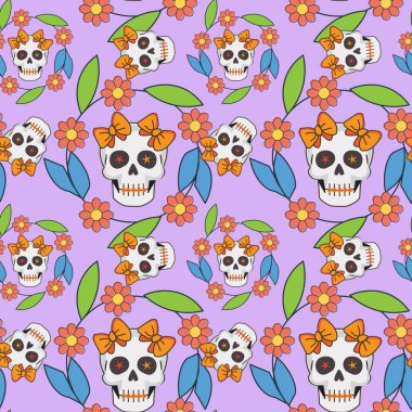 Tarzlı kafatasları turuncu saten fiyonklarla süslenmiş kusursuz desenler. Kafataslarında çapraz dikişli gözler ve dikişli ağızlar var. Çevreleyen elementler arasında yeşil yapraklı ve mavi aksanlı pembe çiçekler yer alıyor. Arkaplan açık mor renkte, bir çizgi oluşturuyor.