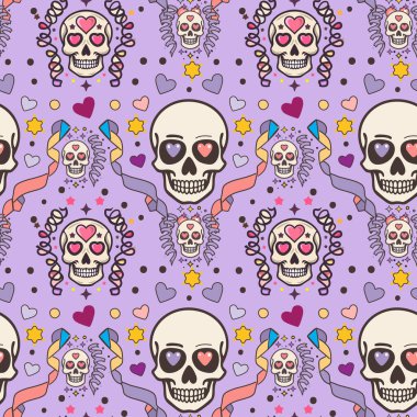 Mor bir arka planda kalp şeklinde gözleri olan kafatasları var. Tasarım, yıldızlar, kalpler ve spiral çizgiler gibi renkli elementleri içerir, neşeli ve kaprisli bir görünüm yaratır. Kafataslarının farklı ana hatları var.