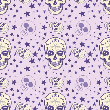 Kusursuz desenli, dantel gibi detaylarla süslenmiş karikatür kafatasları ve yumuşak lavanta arka planda yıldız aksanıyla. Büyük kafatasları gözler ve stilize dişlere önem verirken, küçük kafatasları daha basittir. Karıştırılmış farklı boyutlarda s