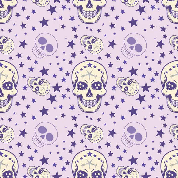 Kusursuz desenli, dantel gibi detaylarla süslenmiş karikatür kafatasları ve yumuşak lavanta arka planda yıldız aksanıyla. Büyük kafatasları gözler ve stilize dişlere önem verirken, küçük kafatasları daha basittir. Karıştırılmış farklı boyutlarda s