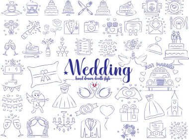 Karalama düğün ikonları, Minimum Düğün Çizgisi Simgeleri Set, El Yazması Şirin Vektör karalama stili, Davetiyeler, Kartlar ve Dekor Özeti