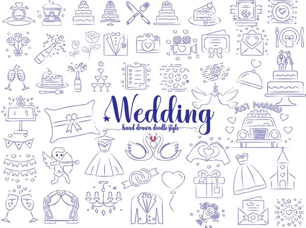 Karalama düğün ikonları, Minimum Düğün Çizgisi Simgeleri Set, El Yazması Şirin Vektör karalama stili, Davetiyeler, Kartlar ve Dekor Özeti