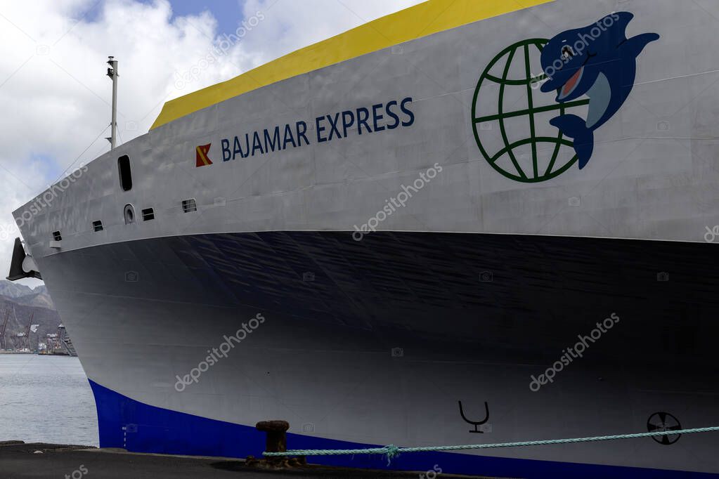 SANTA CRUZ DE TENERIFE, CANARY ISLANDS - FEBRUARY 01, 2025: Bow of Bajamar Express ferry operated by the Fred Olsen line