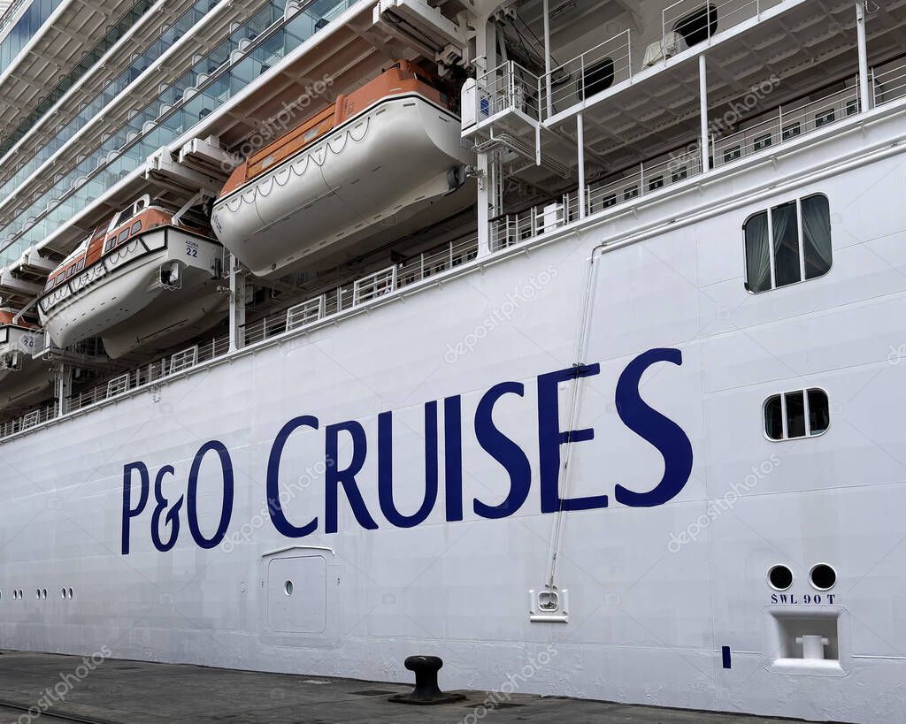 SANTA CRUZ DE TENERIFE, CANARY ISLANDS - FEBRUARY 01, 2025:  View of P O cruise ship Azura moored in Port with Logo