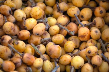Madeira 'da bir pazar yerinde Loquat meyvesinin (Nispero) yakın çekimi