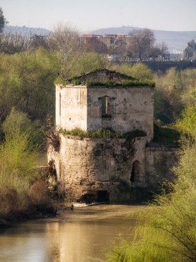 CORDOBA, İspanya - 12 Mart 2016 Guadalquivir Nehri üzerindeki kullanılmayan değirmen