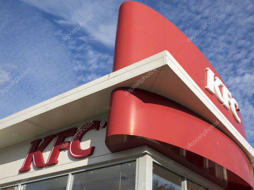 SOUTHEND-ON-SEA, ESSEX - OCTOBER 25, 2017:   Logo sign outside KFC Restaurant in Sutton Road