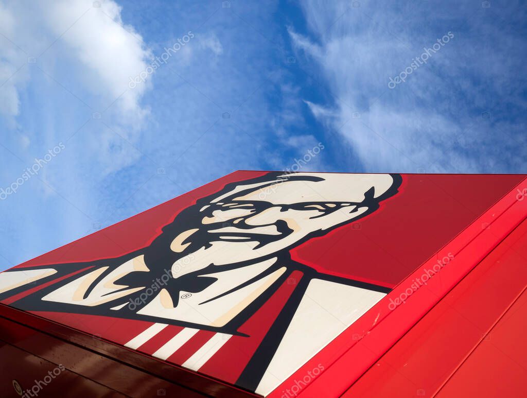 SOUTHEND-ON-SEA, ESSEX - OCTOBER 25, 2017:   Logo sign outside KFC Restaurant in Sutton Road