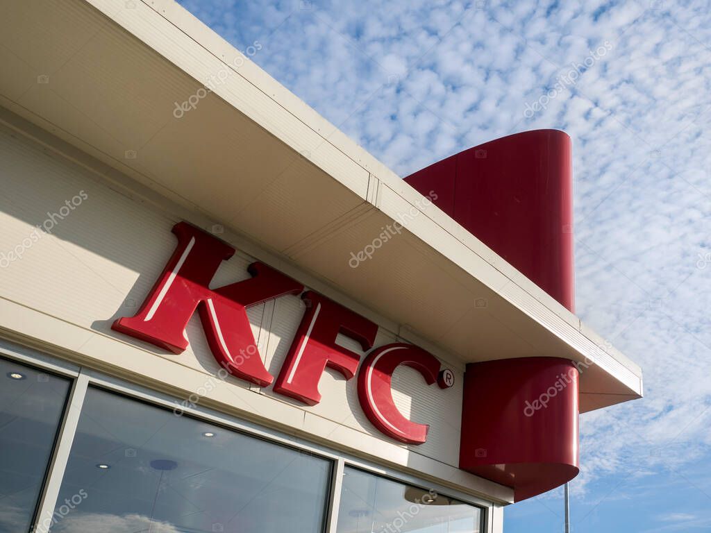 SOUTHEND-ON-SEA, ESSEX - OCTOBER 25, 2017:   Logo sign outside KFC Restaurant in Sutton Road
