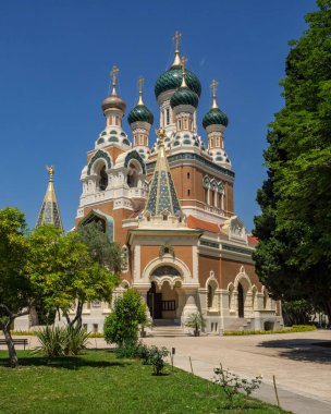 NICE, FRANCE - MAY 28, 2018:  Exterior view of St Nicholas Russian Orthodox Cathedral