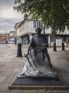 IPSWICH, SUFFOLK, UK - AUGUST 11, 2018:  The statue of Cardinal Thomas Wolsey in St Peter's Street by David Annand