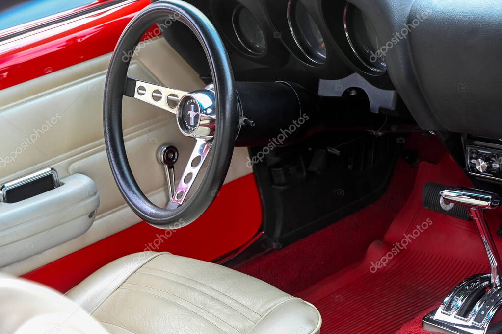 SOUTHEND-ON-SEA, UK - OCTOBER 05, 2025:  Interior of Ford Mustang Convertible classic car