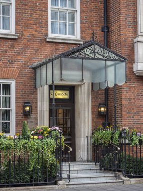 LONDON, UK - AUGUST 25, 2018:  Entrance to Le Gavroche - Michel Roux Jr.'s famous fine-dining restaurant